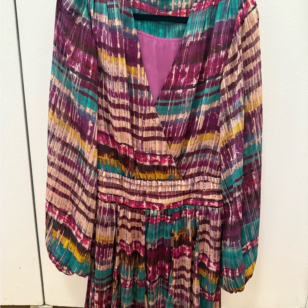 Ramy Brook Purple and Green Ruched Ruffled Mini Dress